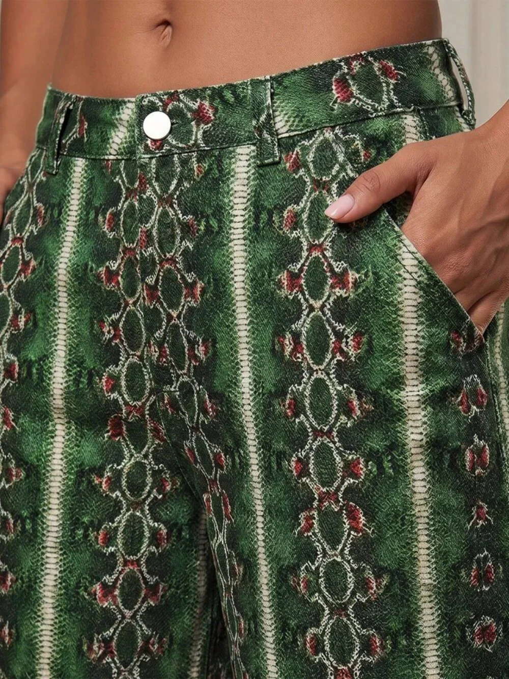 Green Casual Women's Baggy Zipper Fly Loose Capri Wide Leg Jeans